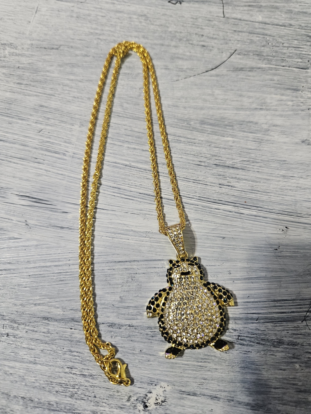 Source Unknown Gold and Black Penguin Pendant Necklace
